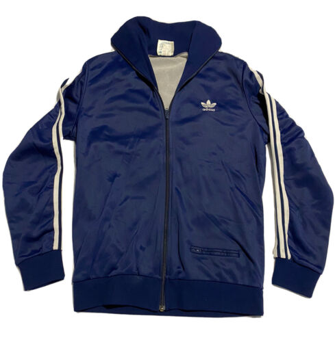 Vintage 80s Adidas Trefoil Tracksuit Jacket Lined Blue Sz 180/5’11” From England - Picture 1 of 12