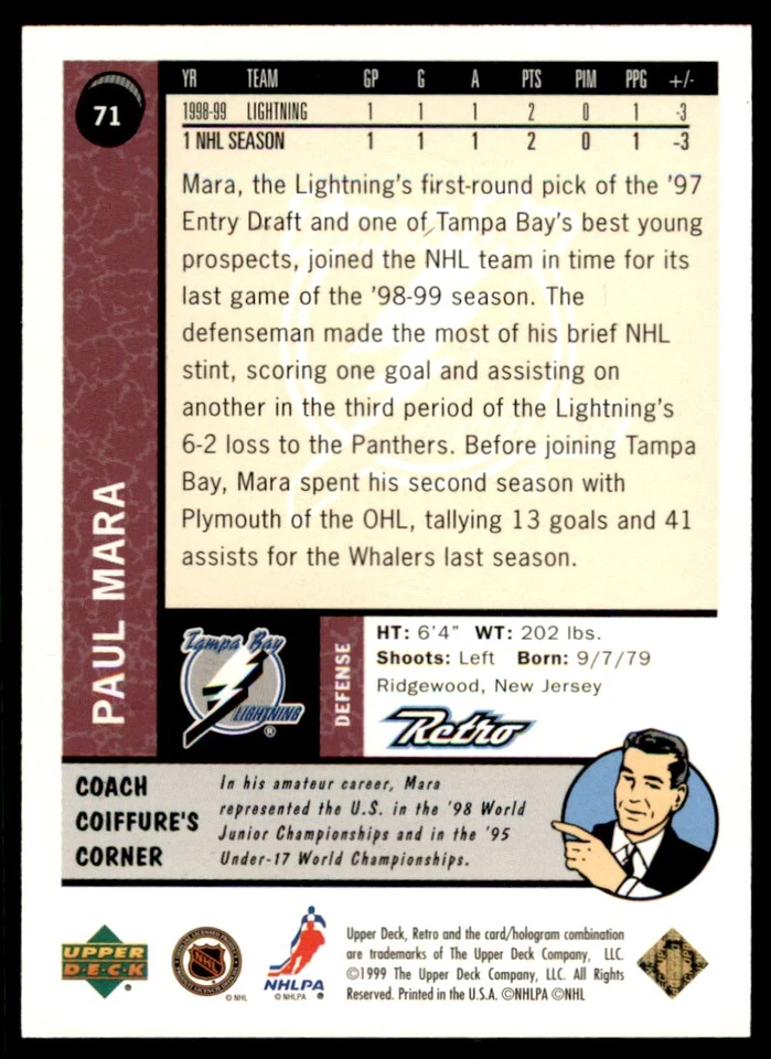 1999-00 Upper Deck Retro Paul Mara /150 Lightning #71 *Noles2148* - Image 2 of 2