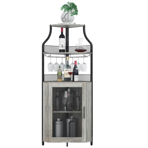 Corner Wine Rack Baffle Design Bar Cabinet with Glass Holder and Storage Shelves - Picture 10 of 15