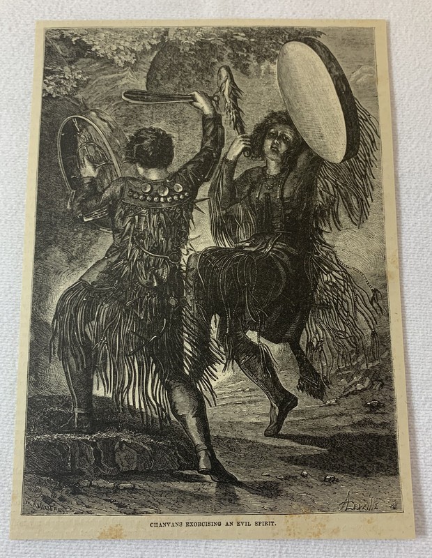 1877 magazine engraving ~ CHANVANS EXORCISING EVIL SPIRIT, Russia