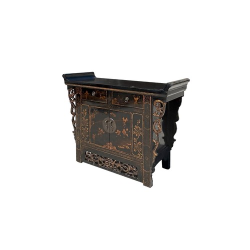 Chinese Rustic Black Vintage Point Edge Golden Graphic Credenza Cabinet ws4085 - Picture 4 of 5