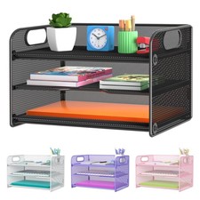 3 Tier Letter Tray Paper Organizer with Handle, Mesh Desk Organizer Paper Sor...