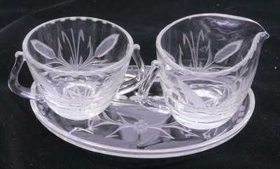 FOSTORIA ELEGANT CUT, ETCHED GLASS CREAM, SUGAR & TRAY SET, WHEAT? DESIGN