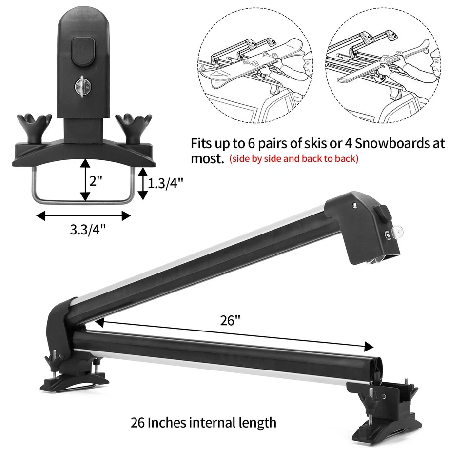 Racks de teto para snowboard de esqui de carro, 2 peças suporte universal para porta-rack, bloqueável - Imagem 2 de 4