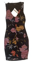GUESS Gabrielle Floral Mesh Ruched Cutout Dress Open Back Mini Black XS