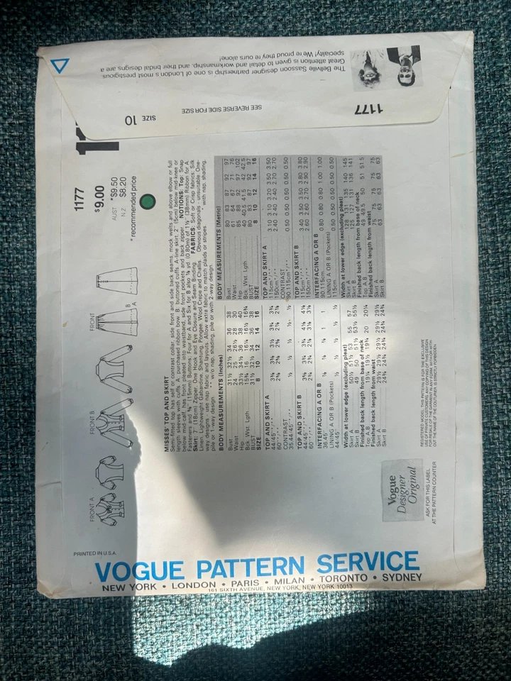 FREE SHIP! 1177 Vogue Patterns Designer Original Bellville Sassoon Sz 10 - Image 2 of 2