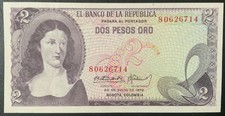 1972 COLOMBIA PAPER MONEY - 2 PESOS ORO UNCIRCULATED BANKNOTE!