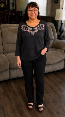 Tunic Top Women 2XL Stamped Draped Color Boho Peasant 3/4 Sleeve Fall  BLACK