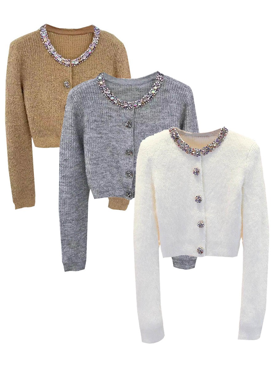 Self-Portrait Womens Round Neck Diamond Buckle High Waist Knitted Cardigan Top