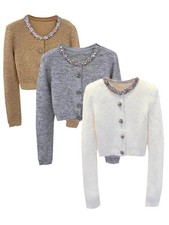 Self-Portrait Womens Round Neck Diamond Buckle High Waist Knitted Cardigan Top