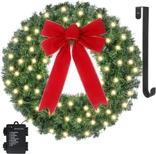 24in Prelit Christmas Wreath 50 LED Lights Timer 8 Modes Waterproof Cordless