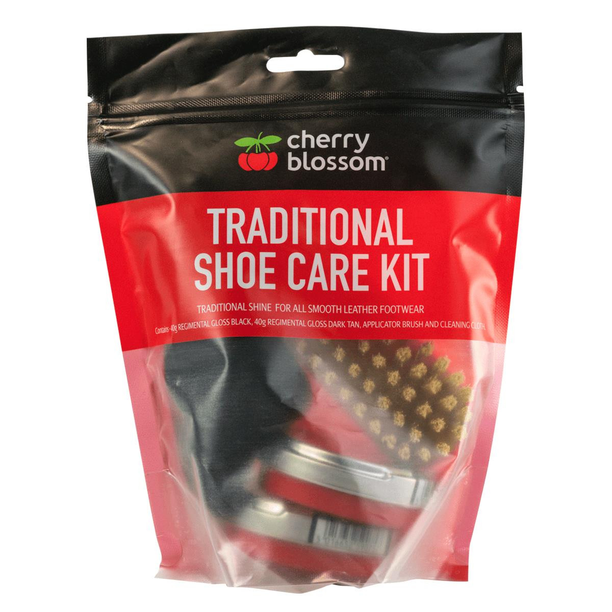 Cherry Blossom Traditional Shoe Care Kit Dark Tan Black Brush Buffer Shine Cloth