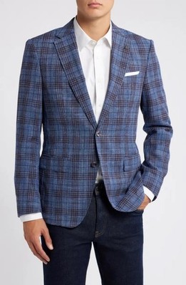 $795 - Boss Hugo Boss Hutson Plaid Virgin Wool Blend Sport Coat in Blue US 38 R