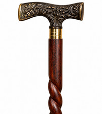 Handmade Wooden Walking Cane with Ornate Brass T Handle - Twisted Wood Shaft