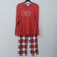 Rae Dunn Red Pajama Set Size M Winter Cozy Holiday Lounge Cheer Graphic Plaid