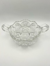 Vintage Cut Crystal Double Handle Candy Dish Sawtooth Rim Clear Glass Bowl 10 In