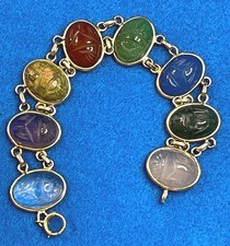 PULSERA 8 ESCARABAJOS VINTAGE AÑOS 70 14K DOBLE CADENA MOTIVO EGIPCIO