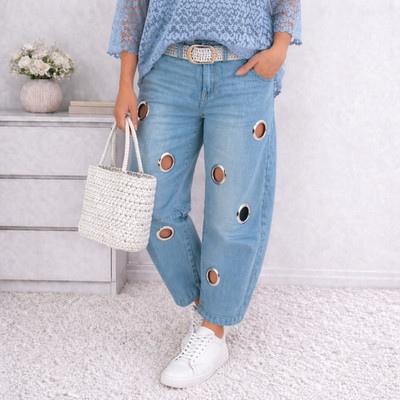 S   schöne Barrel Ballon Jeans Hose schöne Waschung vorne  Ösen
