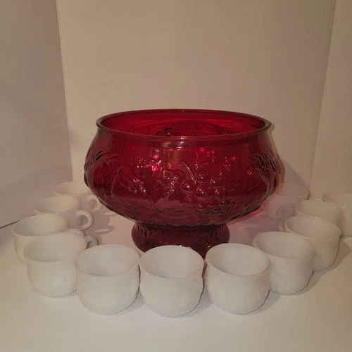 Vintage~Pressed glass~Ruby Red Punch Bowl~12 -Milk Glass Cups