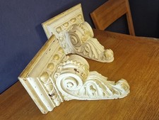 Pair Corbels. Carved wood. Painted, Distressed Finish. 32cm tall x 26.5cm wide.