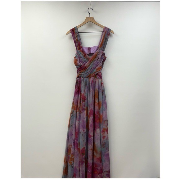Fame &Amp; Partners Watercolor Floral Ombre Pleated A-Line Maxi Dress Purple 6