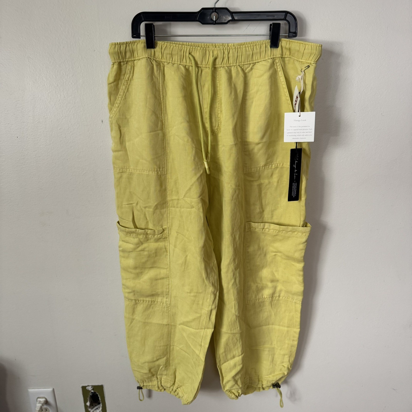 NWT Nicole Miller Women's Yellow Linen-blend Cargo Pants Size XL