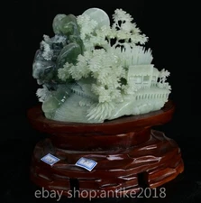 9.2" China Natural Xiu Jade Carved Landscape Mountain Tree House Bridge Statue