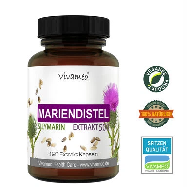 VIVAMEO HEALTH CARE Vivameo ® 120 cápsulas de cardo mariano de 700 mg extracto 10:1 con 80% silimarina (UV)