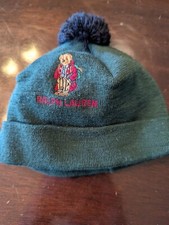 Ralph Lauren Knit Hunter Green Polo Bear Logo Baby Beanie Pompom One Size