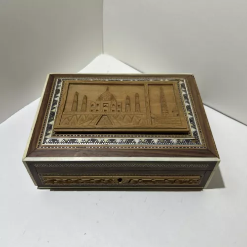 Vintage Trinket Box W/key Taj Mahal Wood Carved Relief Inlaid Marquetry Jewelry