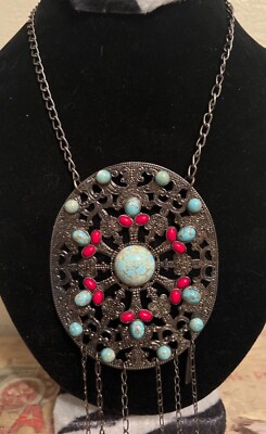 Patrizia Pepe Italian Turquoise Necklace Large Pendant with Dangles