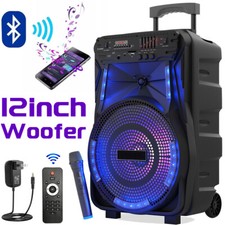 Loud Bluetooth Party Speaker 12'' Woofer Heavy Bass Stereo w/Mic TWS LED Trolley