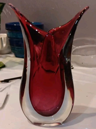 Vintage Murano Oball Sommerso Fishtail Vase L Onesto Pink Black Ribbon Art Glass