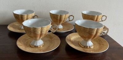Yamasen Gold Collection Fine porcelain Japan, 24 Ct Gold Plated 5 Cups, Saucers
