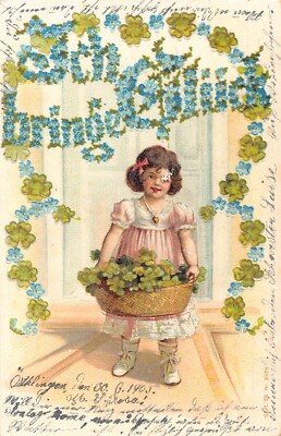 Luck Greetings 1905 Girl with Basket of Shamrocks Forget-me-not Writing postcard