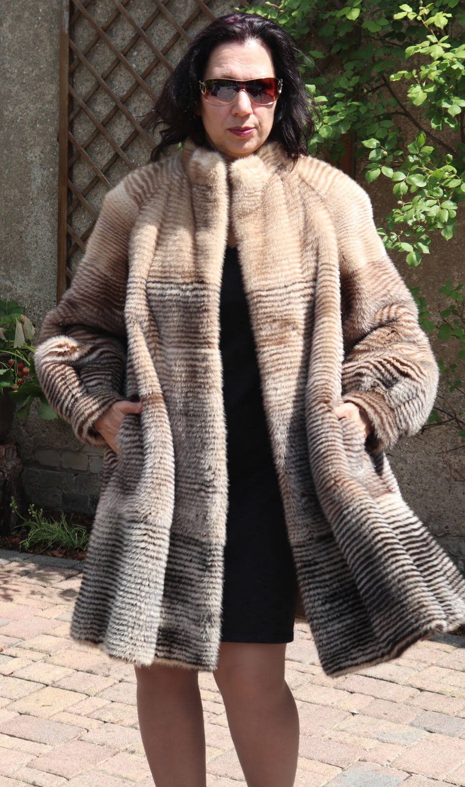 Mink Coat Saga Royal Mink Fur Coat Swinger Design Stripe Pattern Beige Grey image 6