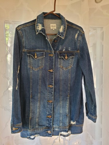 Cello Medium Wash Distressed Jean Jacket Sz small Blue Denim Womens Long Sleeve - Picture 2 of 11