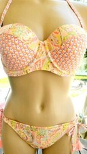 victorias secret Vintage bikini set 36D S orange gold paisley foil strapless