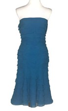 Tadashi Size 4 Blue Silk Stapless Midi Tiered Layered Formal Evening Party Dress