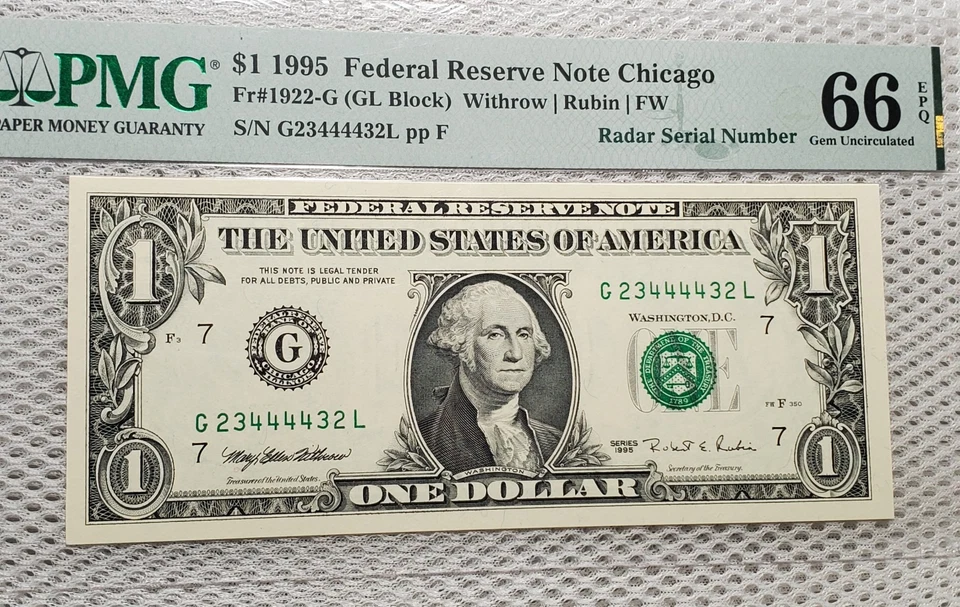 Fancy Ladder Radar Serial Number 23444432 PMG 66EPQ 1995 $1 Federal Reserve Note - Image 3 of 4