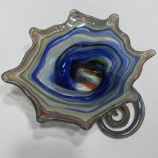 Large Hand Blown Art Stretch Glass Swirl Blue Green Coiled Design Vase Vintage