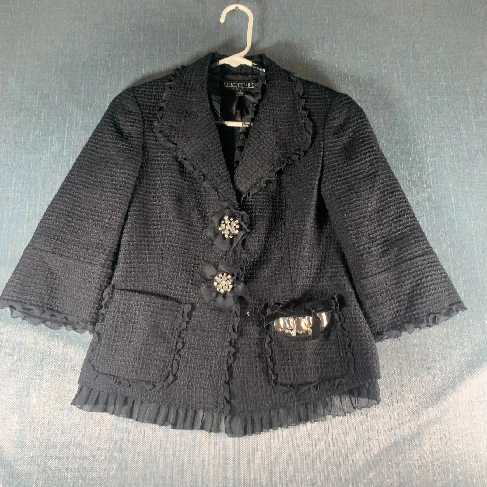 Lafayette 148 Women’s Petites Blazer Size 0 Black Textured Trim Ruffle Hem Coat