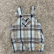 Disney Winnie The Pooh Overalls Baby Boys 3-6M Blue Plaid Bubble Romper