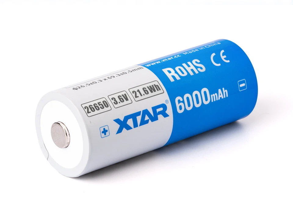 XTAR 26650 - 6000mAh, 3,6V - 3,7V Li-Ion-Akku PCB geschützt Max Power 10A