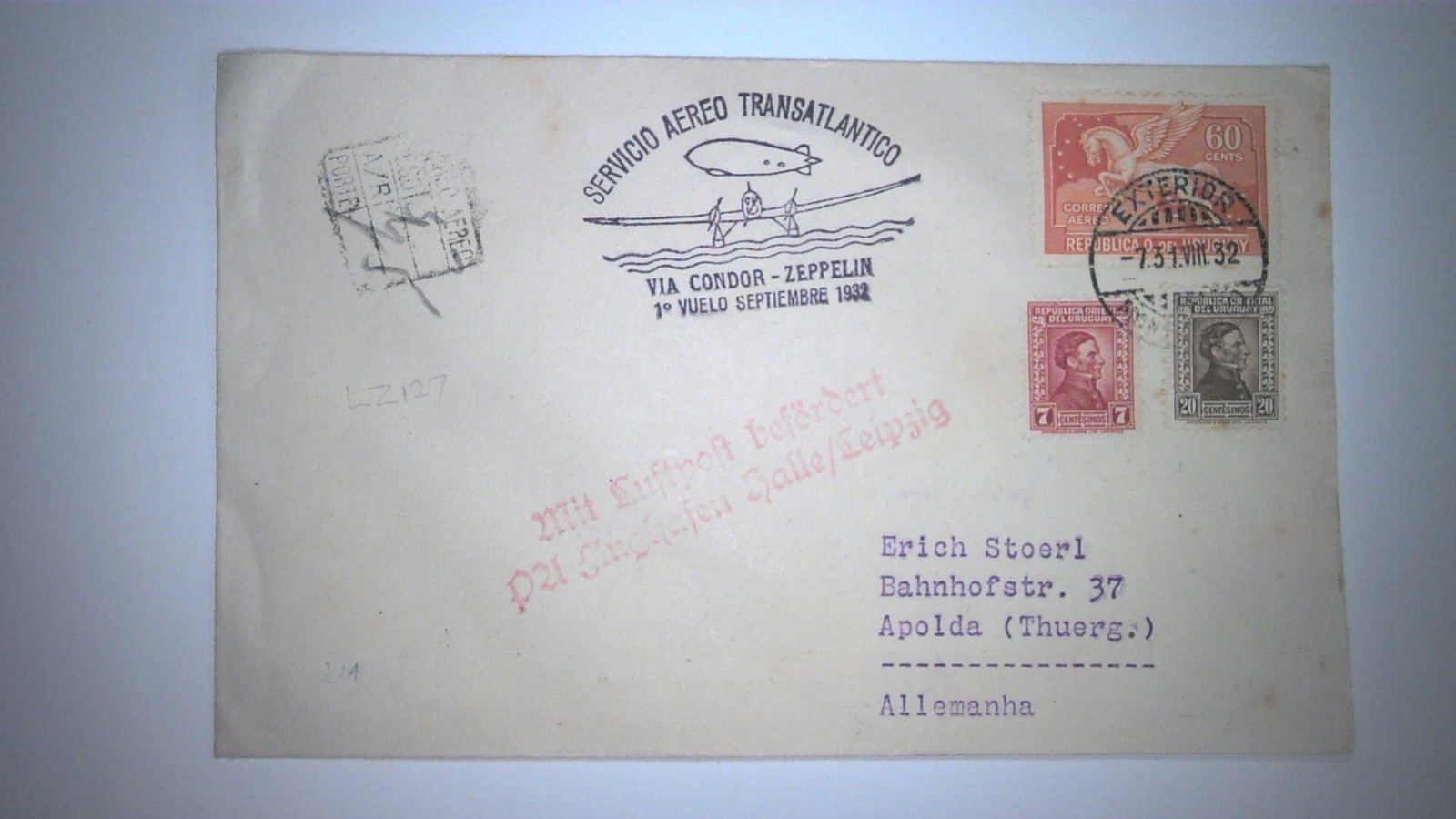 URUGUAY 1932 ZEPPELIN CONDOR FLIGHT COVER TO GERMANY W/SCOTT# C47