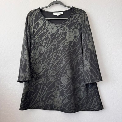 Caroline Rose Medium Tunic Top Black Gold 3/4 Sleeve Floral Jacquard A-Line
