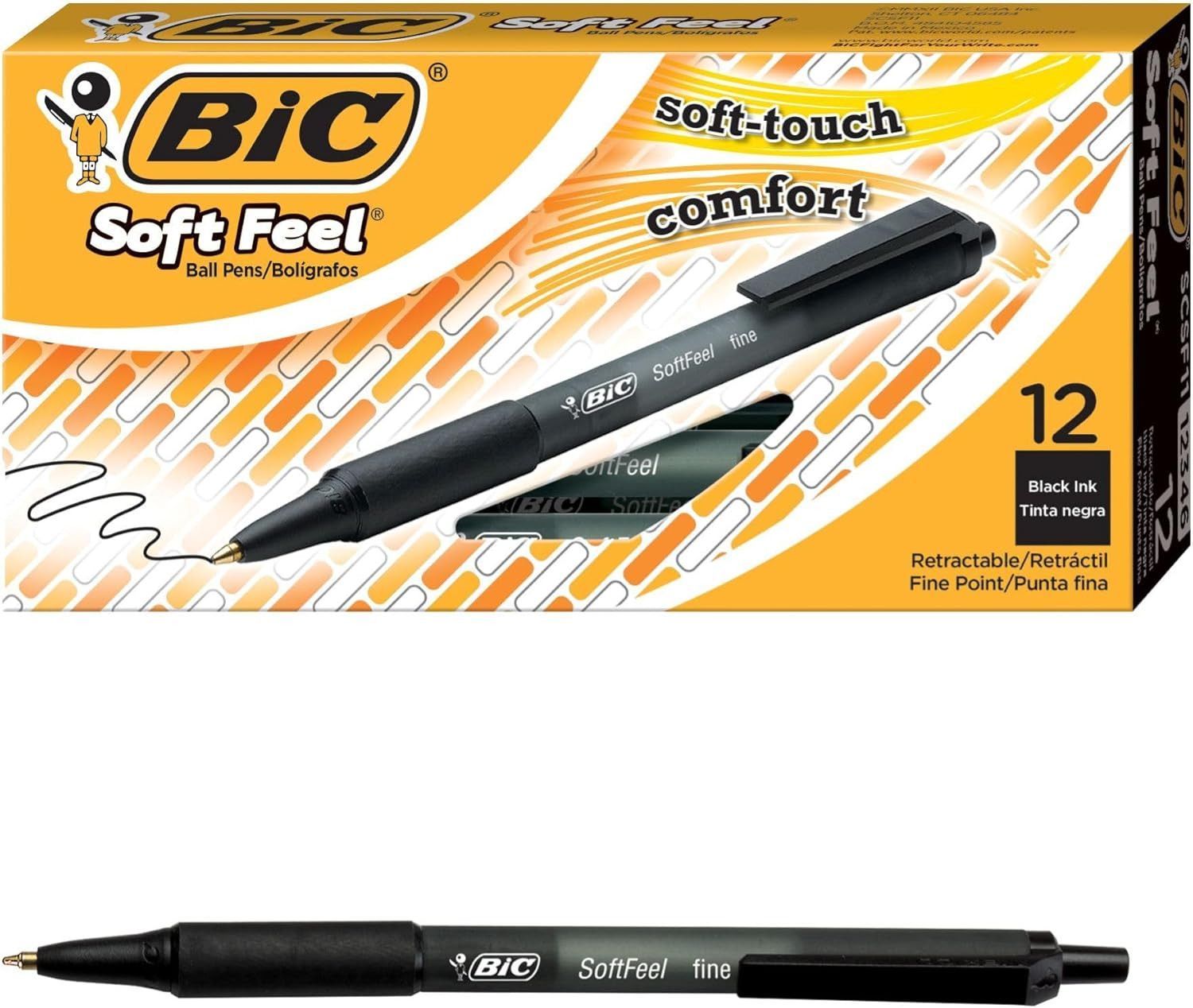 Bic Soft Feel Ballpoint Pens, Retractable Black Pens, Ideal for School, Medium P