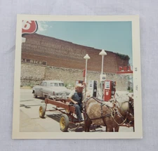 Vintage 1966 Photo Snapshot Horse-Drawn Wagon at Phillips 66 Gas Station USA