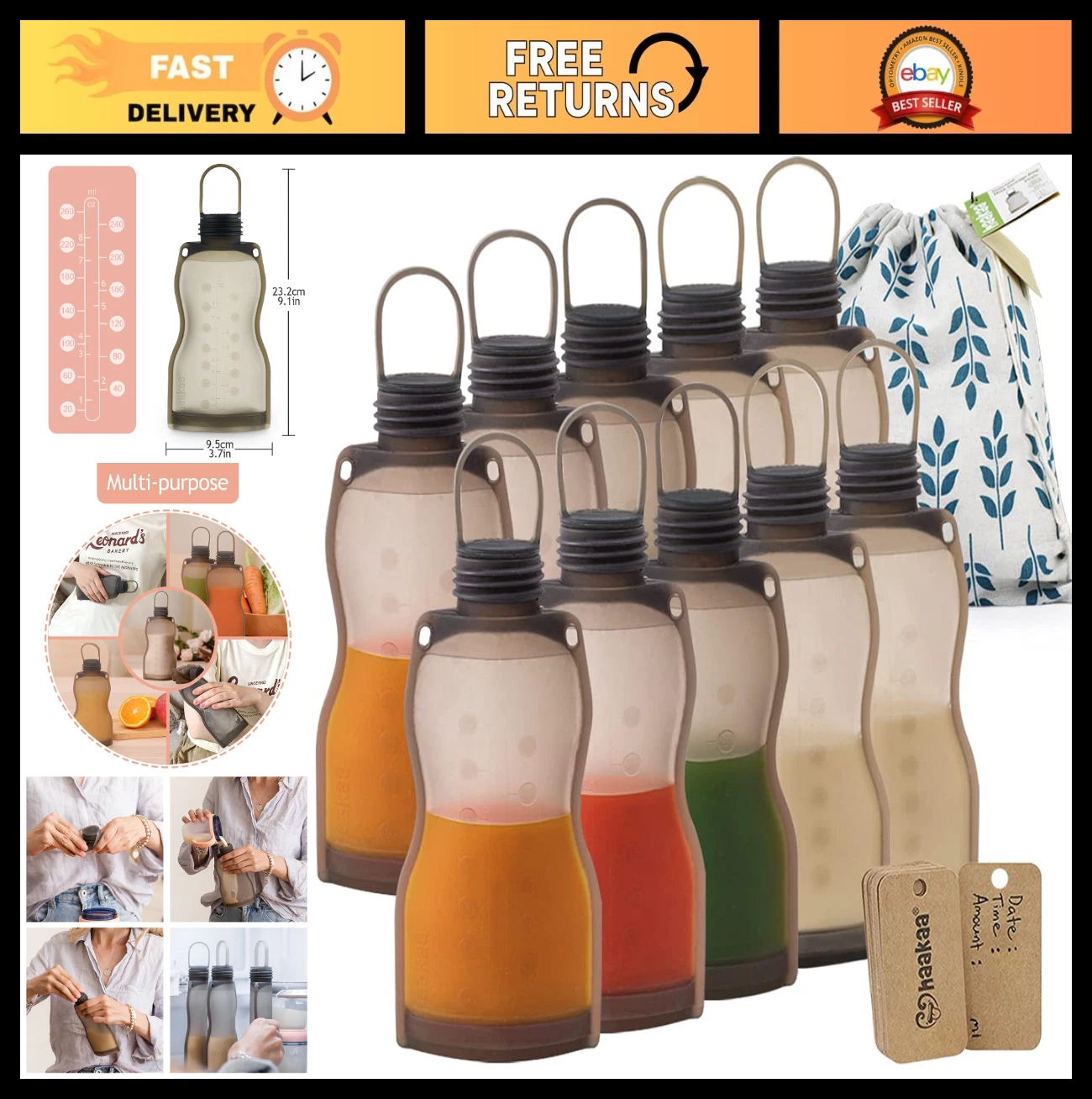 Reusable Silicone Breastmilk Storage Bags, Leakproof, 9oz/260ml, 10 Pack for Bre