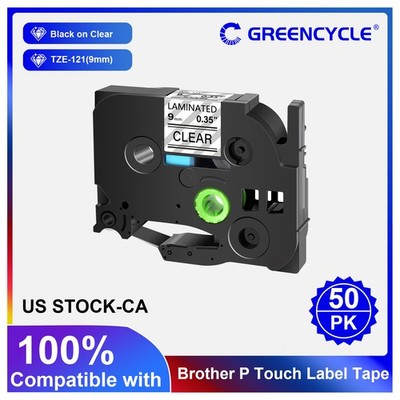 50P Replacement Brother P-Touch  Label Maker Tape Clear 9mm Laminated TZe-121